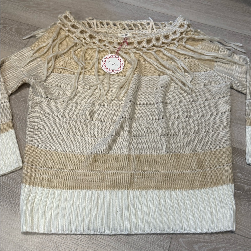 Umgee Cream & Tan Striped Off-the-Shoulder Fringe Sweater